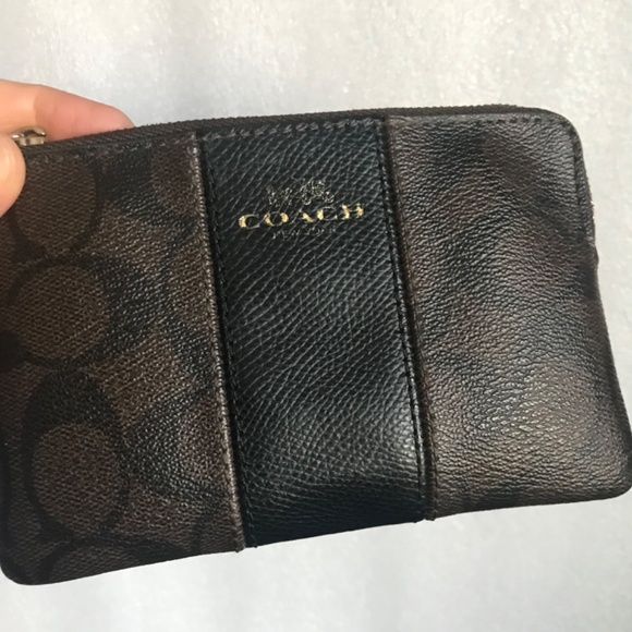 Coach Corner Zip Wristlet in Signature Coated Canvas Leather Stripe Brown/Black - Picture 16 of 16